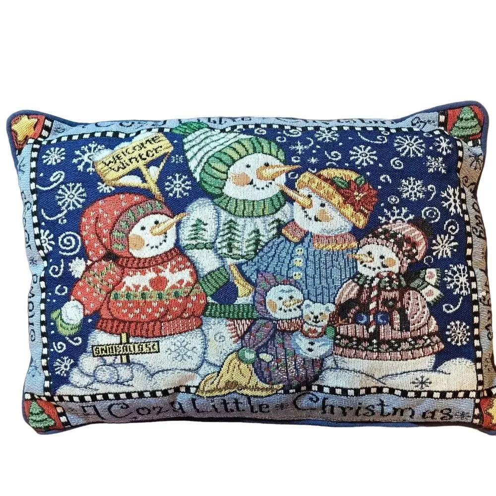 Christmas Pillow Snowman Family Blue 12x18 Inches Winter Holidays Decorative